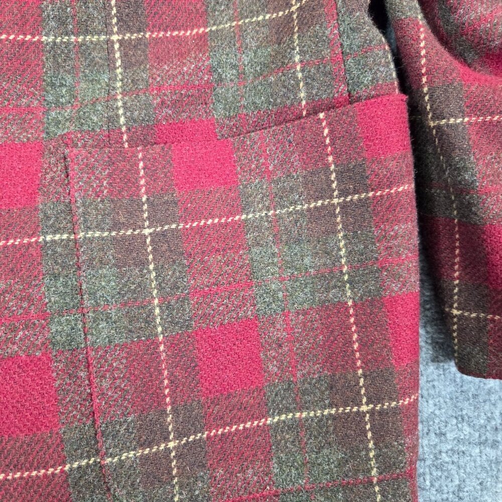 L.L. BEAN Vintage Red Plaid Leather Button Wool Blazer Womens 12 Classic Holiday - Picture 6 of 12